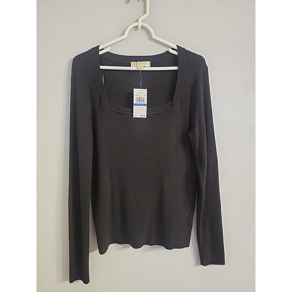 Michael Kors Size XL Metallic Black Ribbed Square Neck Sweater Long Sleeve